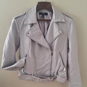 Forever 21 Soft Gray Cropped Asymmetrical Zip Moto Jacket Faux leather Size S